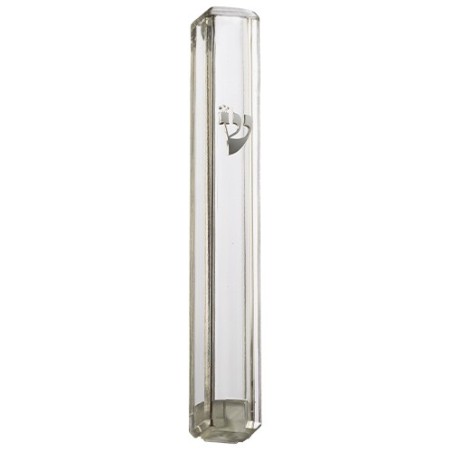 Mezouzah en plastique transparent 15 cm avec "Shin" argenté et bouchon en caoutchouc – sans trous