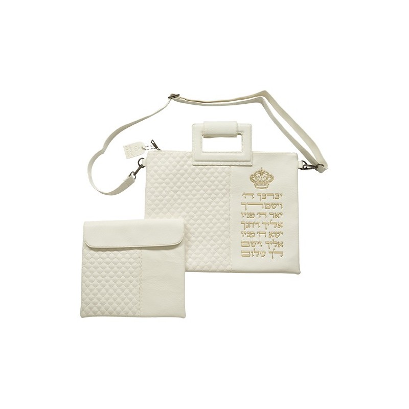 Sac luxueux pour Talith, lettres en relief "Veyvarechecha" en or, similicuir blanc