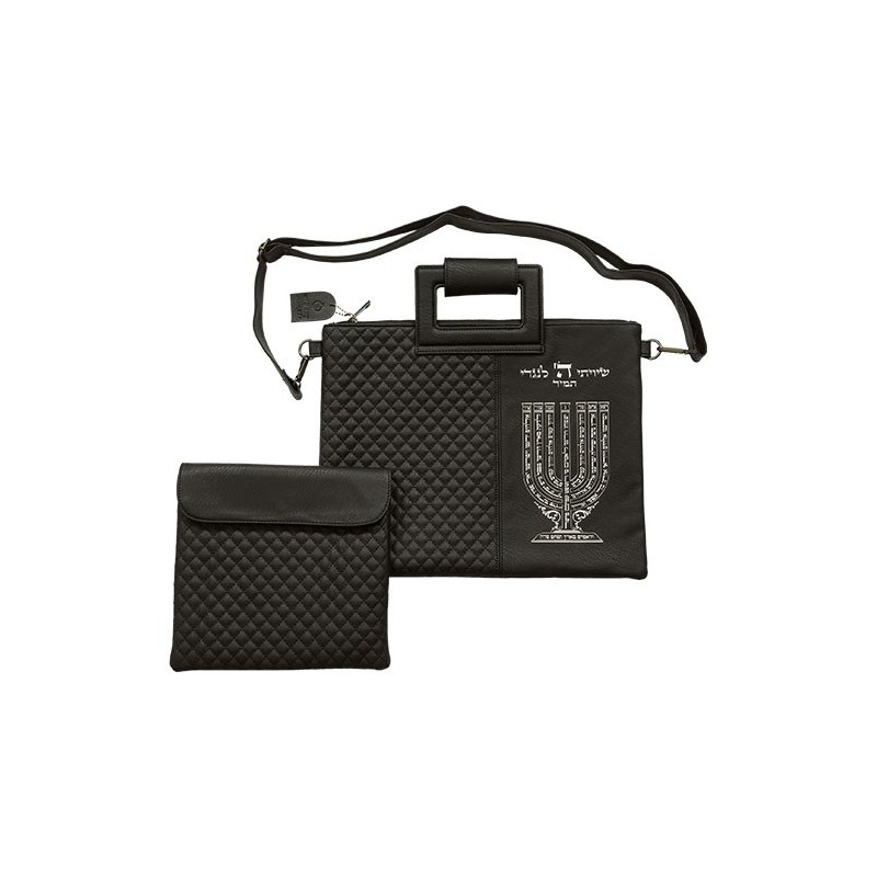 Sac luxueux pour Talith en similicuir noir avec lettres en relief "Shiviti" en argent