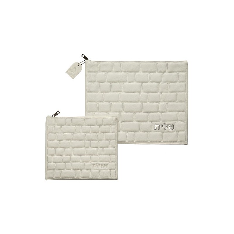 Set Talith & Téfilines en similicuir blanc "Kotel" avec relief "Talith"